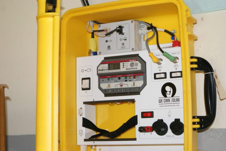 A We Care Solar Suitcase® at one of the health facilities. Photo courtesy of Amref Health Africa in Uganda