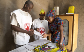 Community Health Worker and Mali Red Cross Volunteers reviewing children's health records - Photo courtesy of the Canadian Red Cross