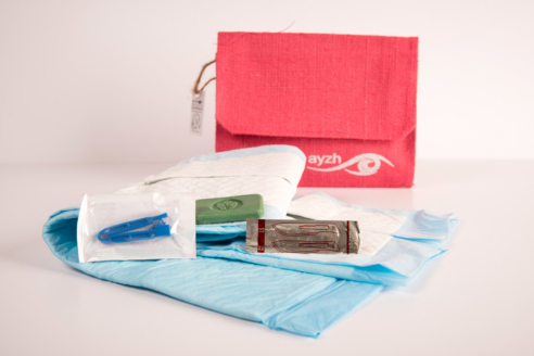 Ayzh’s Janma Clean Birth Kit, supported by Grand Challenges Canada, contains all the essential tools required to ensure safe and sterile conditions during a home birth. Photo credit: Ayzh