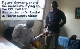 Team Lead demonstrate a try-on of the first prototype for illustration to Dr Arafat at Marie Stopes Kavulve Center Kampala